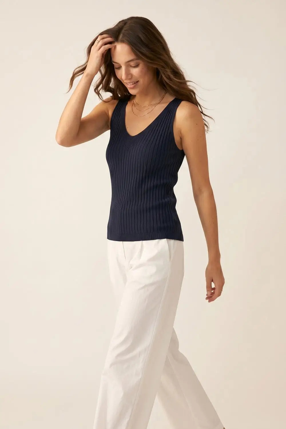 Navy Ribbed Knit V-Neck Tank Top - NAVY / ONE - Tops