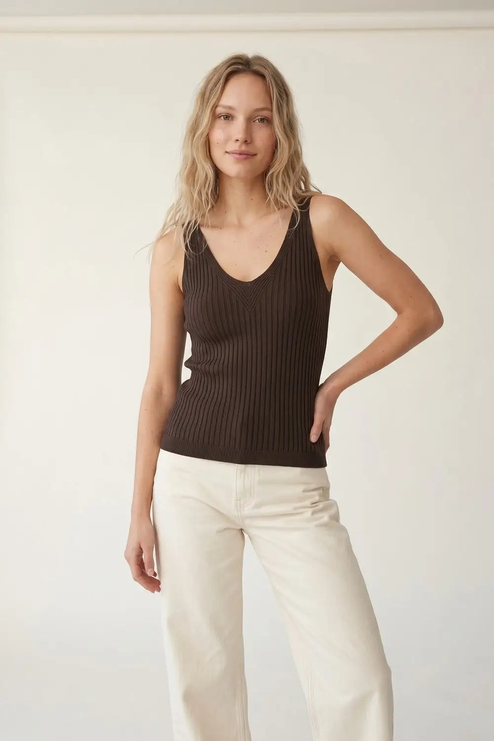 Brown Ribbed Knit V-Neck Tank Top - BROWN / ONE - Tops