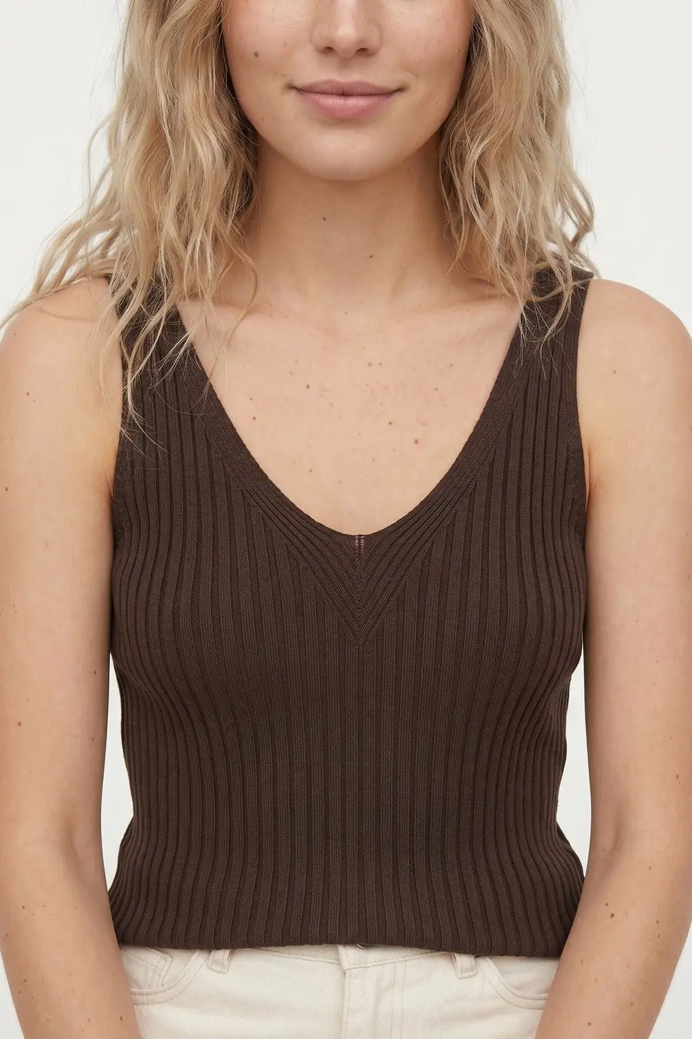 Brown Ribbed Knit V-Neck Tank Top - BROWN / ONE - Tops