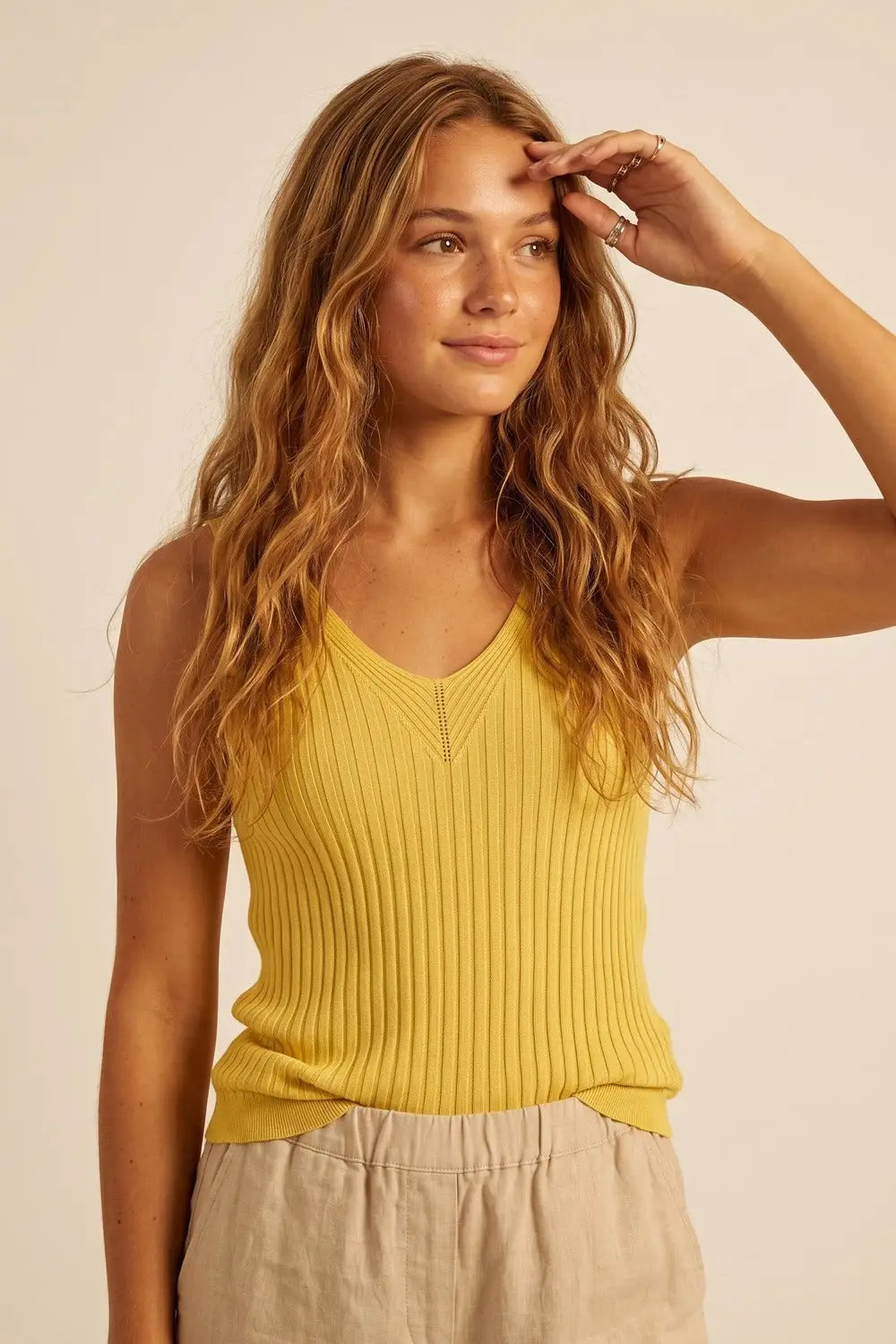 Yellow Ribbed Knit V-Neck Tank Top - YELLOW / ONE - Tops