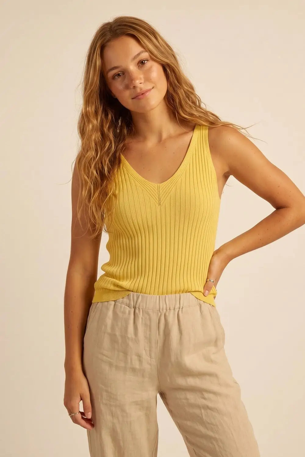 Yellow Ribbed Knit V-Neck Tank Top - YELLOW / ONE - Tops