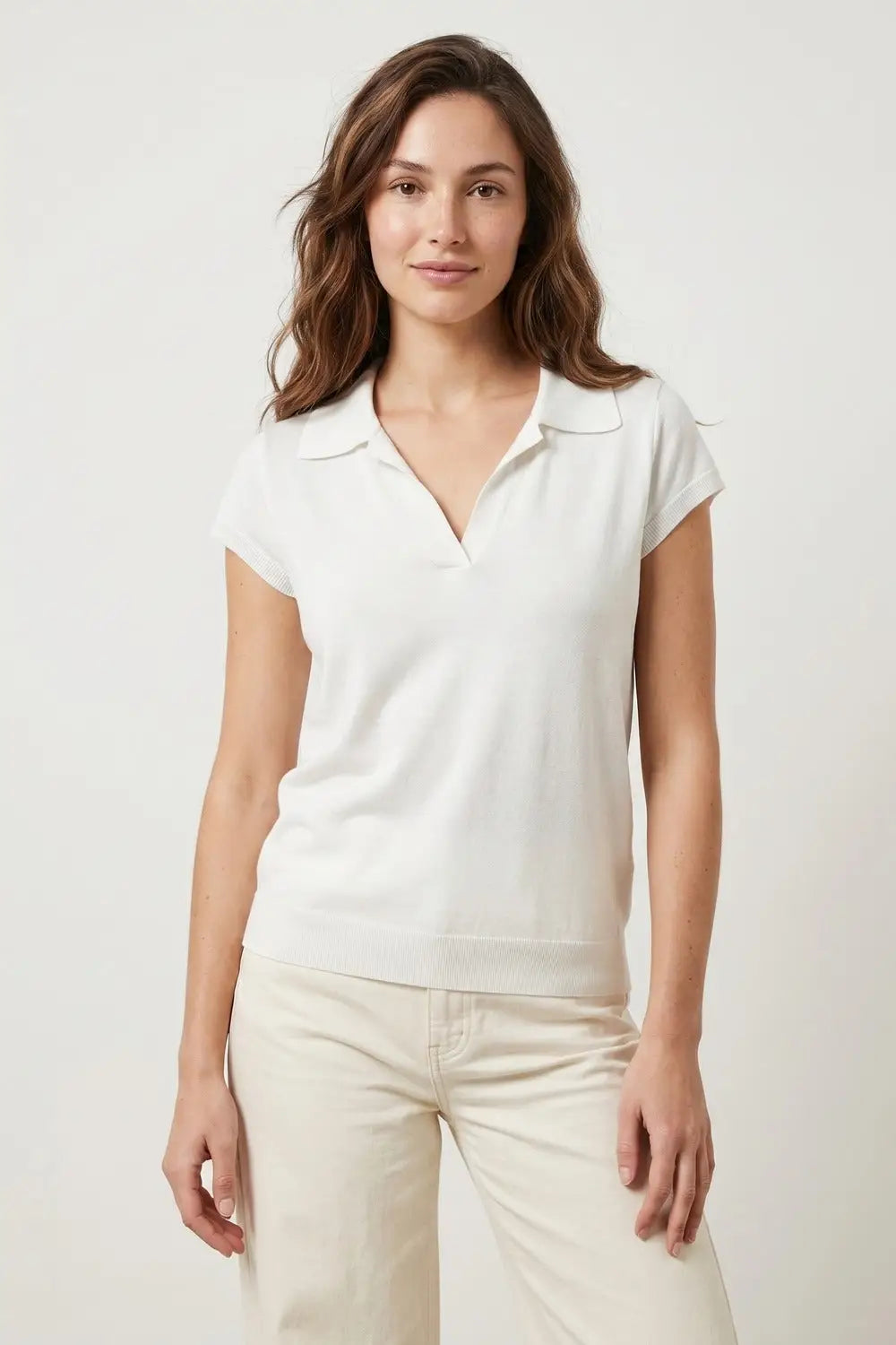 White Relaxed Fit Short Sleeve V-Neck polo - WHITE / ONE - Polos