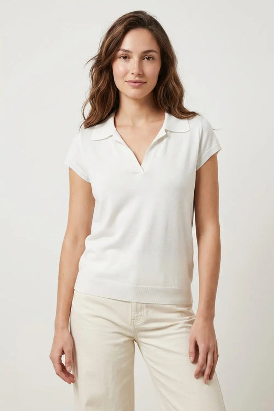 White Relaxed Fit Short Sleeve V-Neck polo - WHITE / ONE - Polos