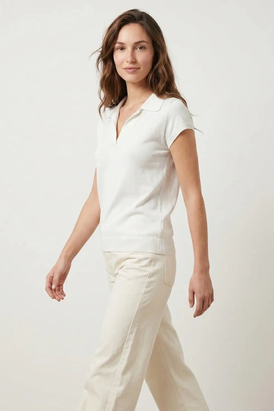 White Relaxed Fit Short Sleeve V-Neck polo - WHITE / ONE - Polos