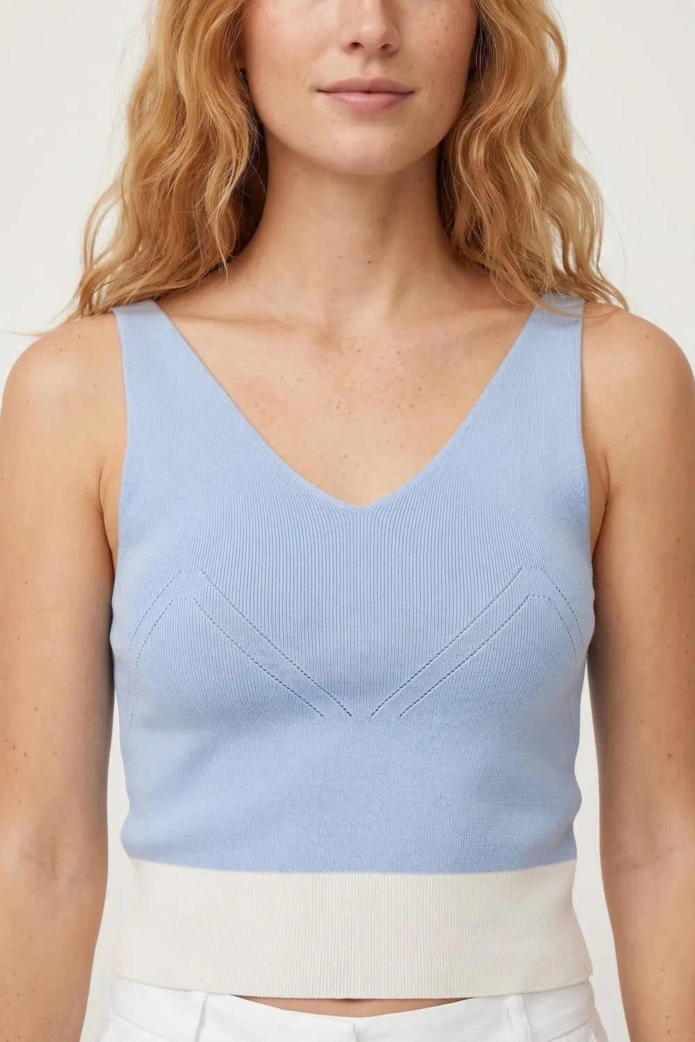 Light Blue Ribbed Knit Contrast Hem V-Neck Cropped Tank Top - BLUE / ONE - Tops