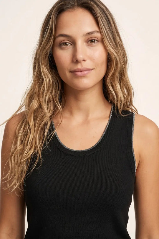 Black Ribbed Knit Contrast Seam Regular Fit Tank Top - BLACK / ONE - Tops