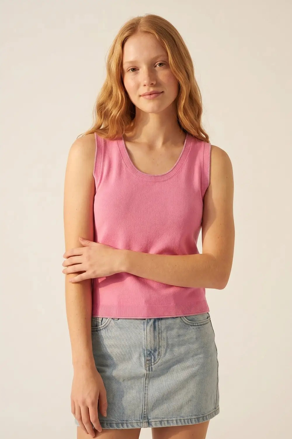 Pink Fine Knit Ribbed Trim Regular Fit Tank Top - FUCHSIA / ONE - Tops