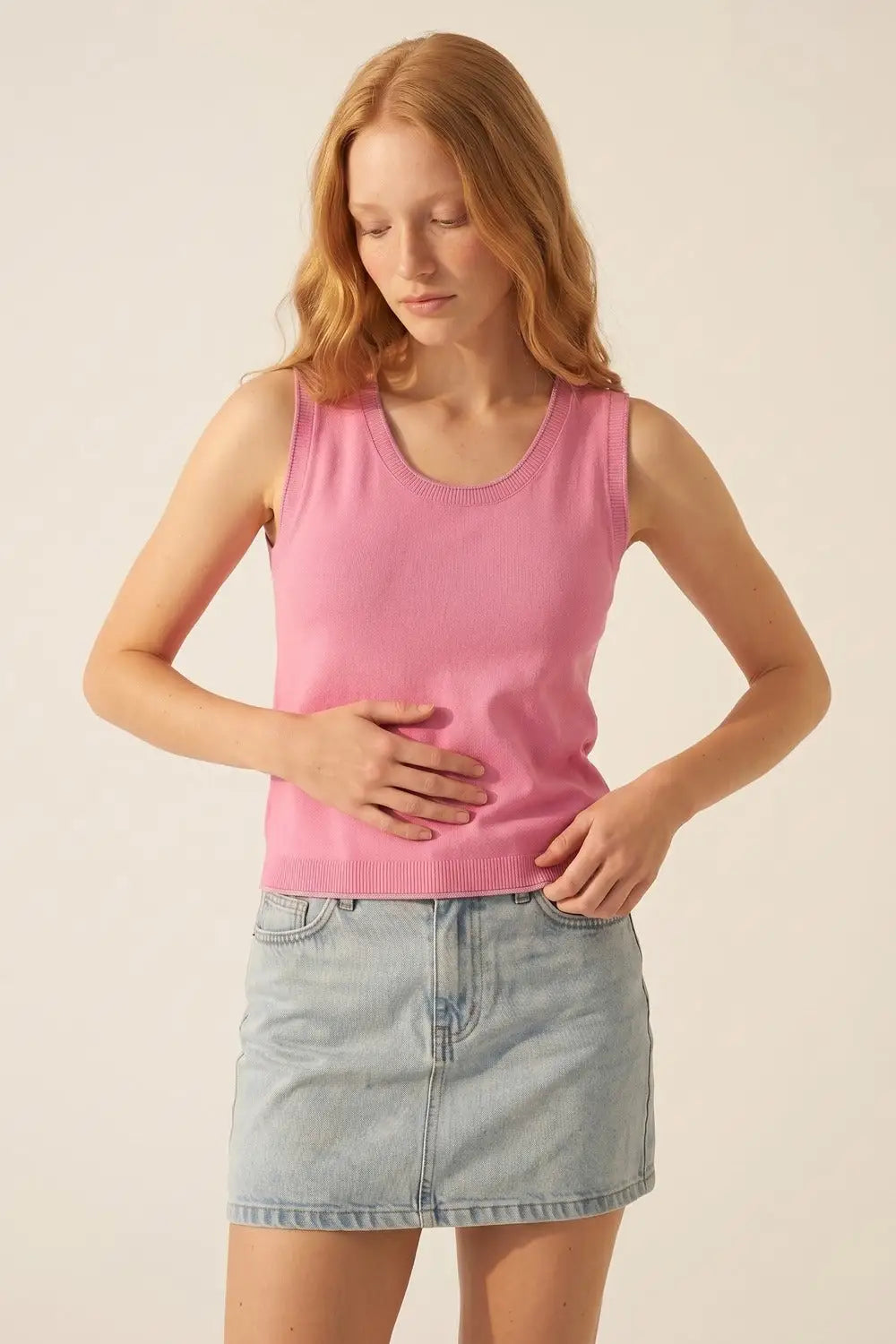 Pink Fine Knit Ribbed Trim Regular Fit Tank Top - FUCHSIA / ONE - Tops