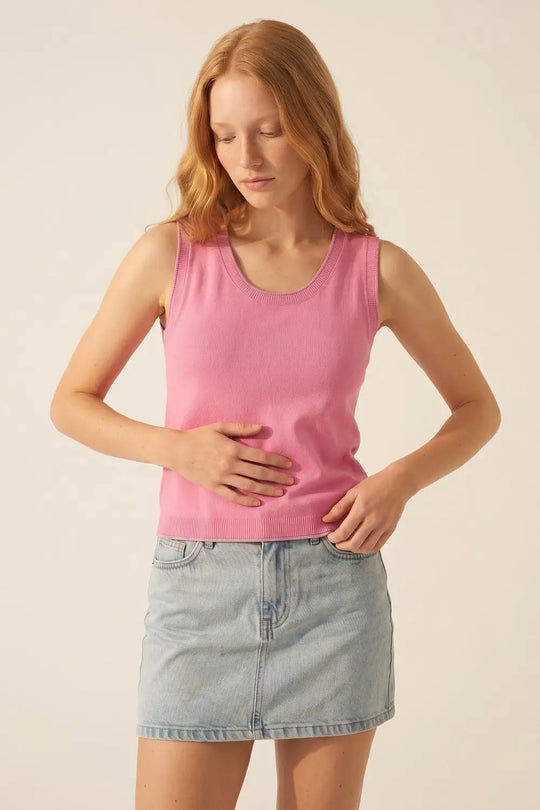Pink Fine Knit Ribbed Trim Regular Fit Tank Top - FUCHSIA / ONE - Tops