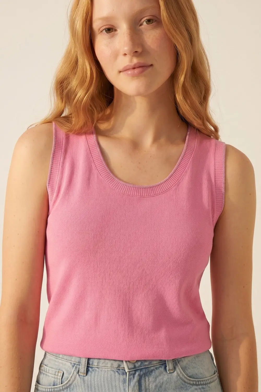 Pink Fine Knit Ribbed Trim Regular Fit Tank Top - FUCHSIA / ONE - Tops