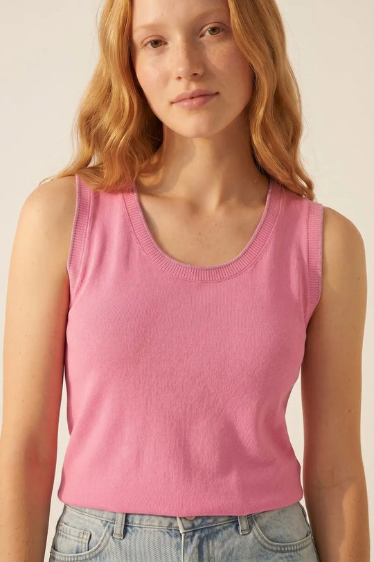 Pink Fine Knit Ribbed Trim Regular Fit Tank Top - FUCHSIA / ONE - Tops