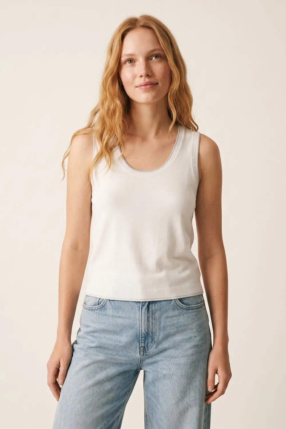 White Fine Knit Ribbed Trim Regular Fit Tank Top - WHITE / ONE - Tops