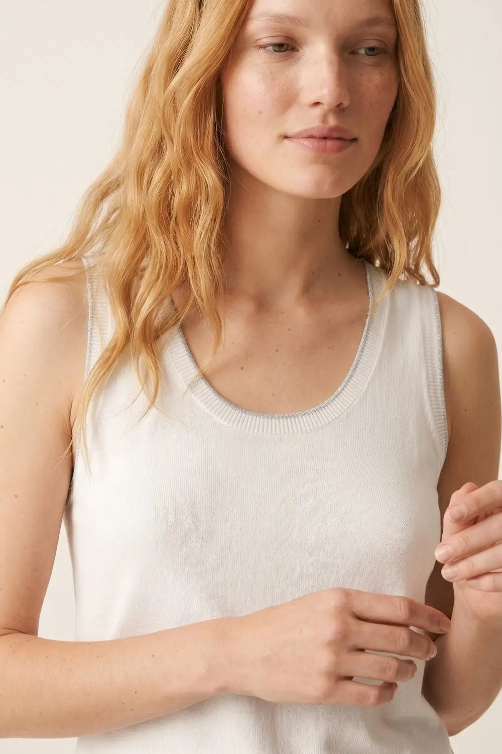 White Fine Knit Ribbed Trim Regular Fit Tank Top - WHITE / ONE - Tops
