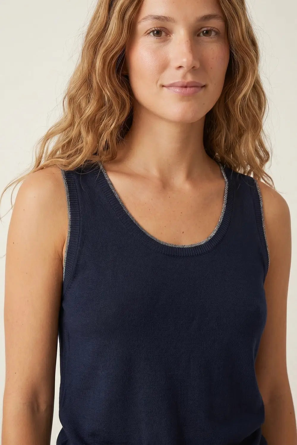 Navy Fine Knit Metallic Trim Regular Fit Tank Top - NAVY / ONE - Tops