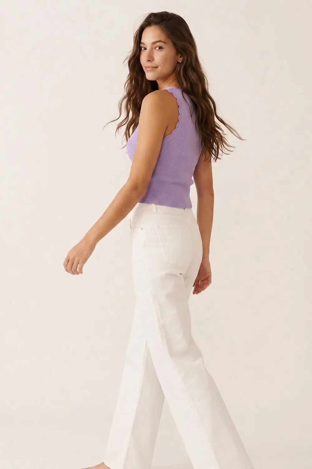 Lilac Ribbed Knit Scallop Edge Sleeveless Cropped Top - PURPLE / ONE - Tops