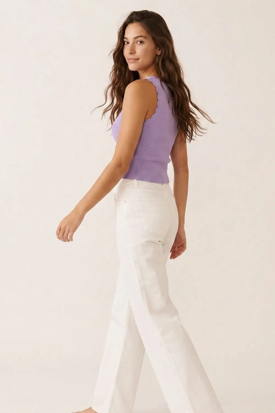 Lilac Ribbed Knit Scallop Edge Sleeveless Cropped Top - PURPLE / ONE - Tops