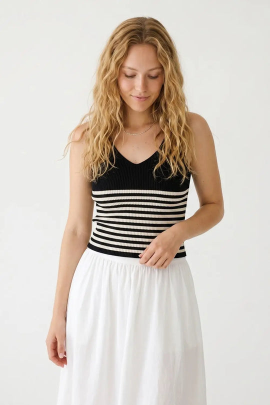 Black Stripe Ribbed Knit V-Neck Fitted Cropped Tank Top - BLACK / ONE - Tops