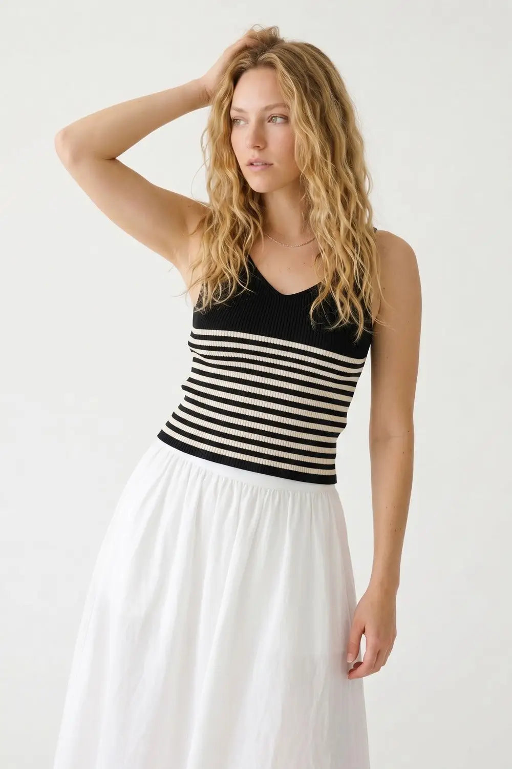 Black Stripe Ribbed Knit V-Neck Fitted Cropped Tank Top - BLACK / ONE - Tops