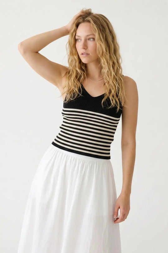 Black Stripe Ribbed Knit V-Neck Fitted Cropped Tank Top - BLACK / ONE - Tops