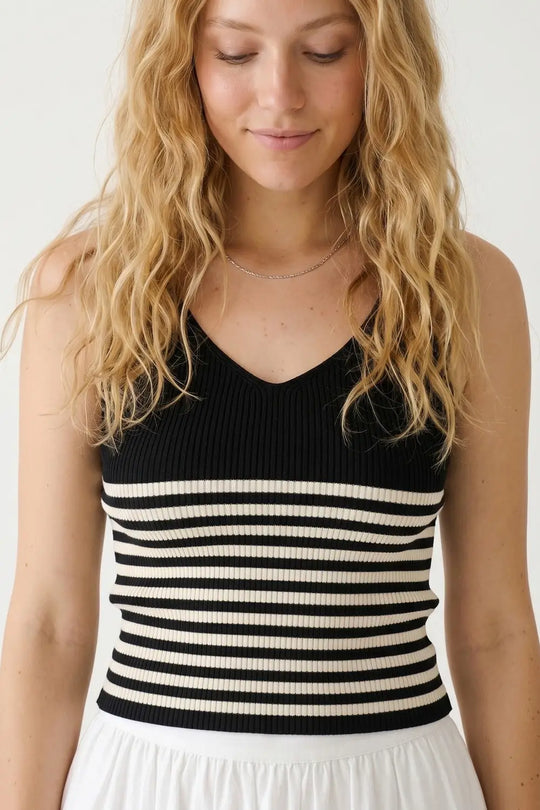 Black Stripe Ribbed Knit V-Neck Fitted Cropped Tank Top - BLACK / ONE - Tops