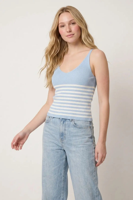 Light Blue White Stripe Ribbed Knit V-Neck Cropped Tank Top - BLUE / ONE - Tops