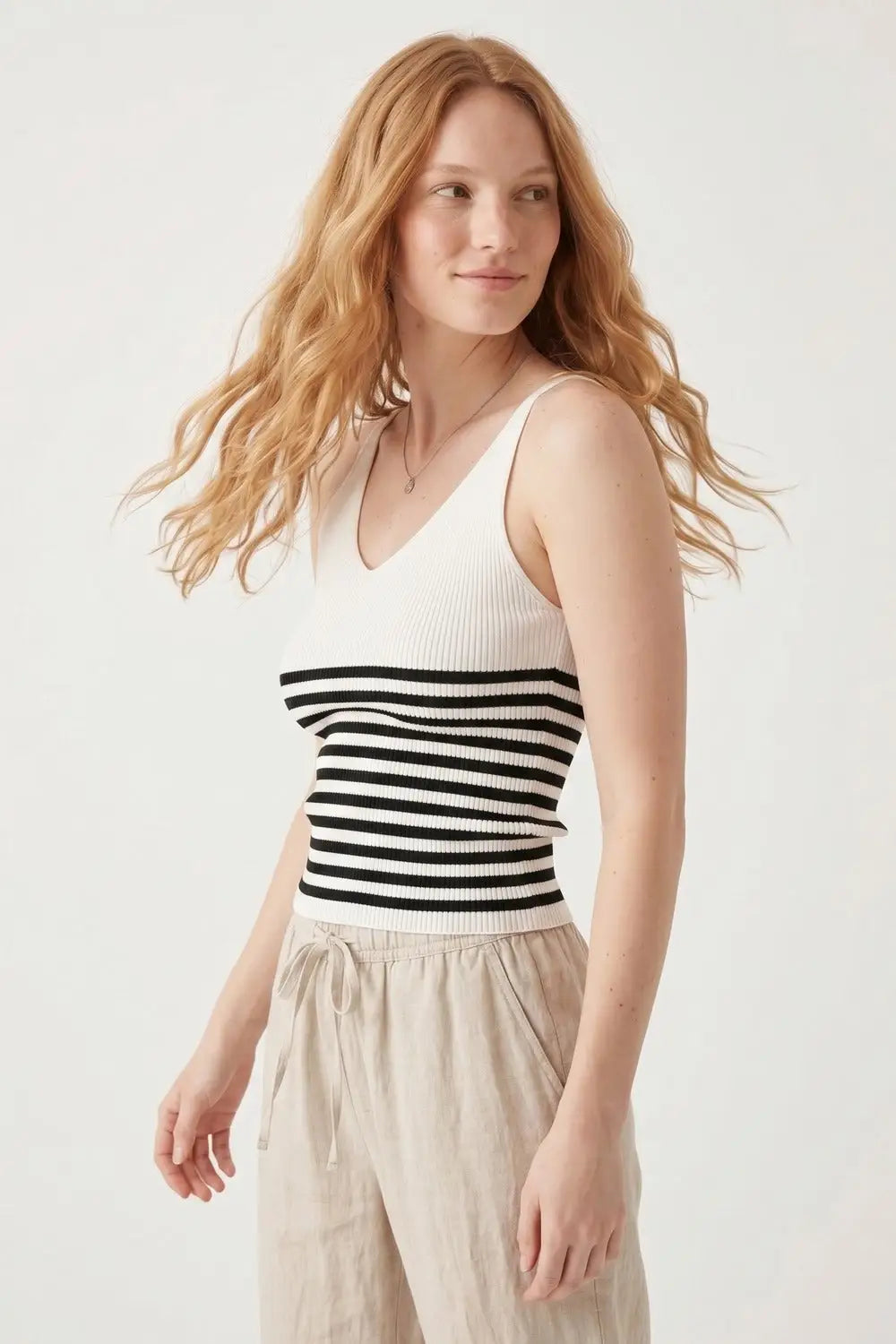 White Stripe Ribbed Knit V-Neck Fitted Tank Top - WHITE / ONE - Tops