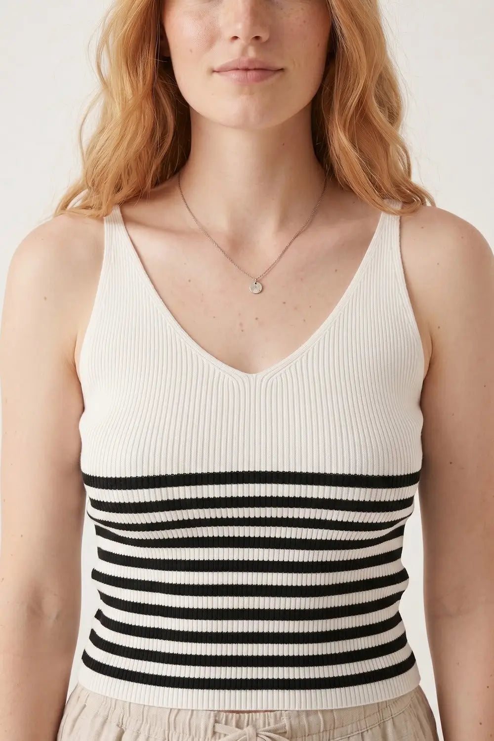 White Stripe Ribbed Knit V-Neck Fitted Tank Top - WHITE / ONE - Tops