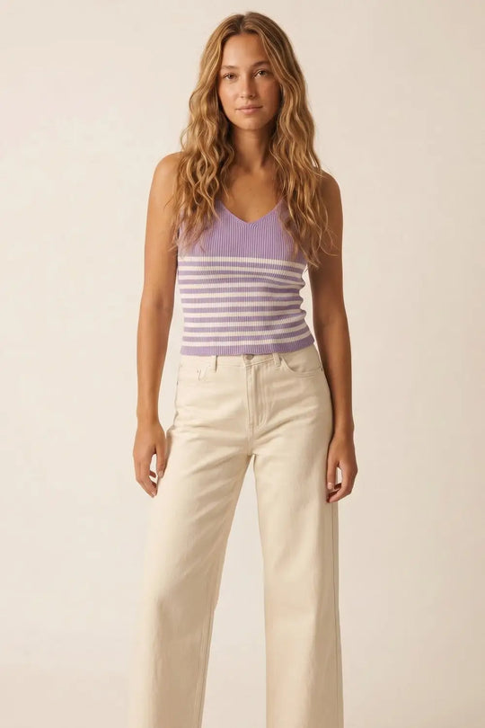 Lilac Stripe Ribbed Knit V-Neck Cropped Tank Top - PURPLE / ONE - Tops