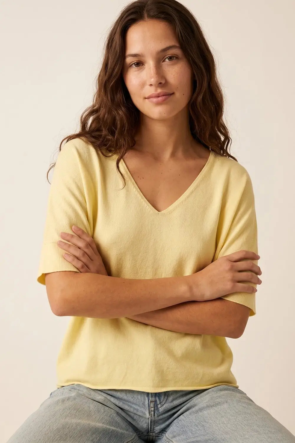 butter Yellow V-Neck Relaxed Fit Short Sleeve sweater - YELLOW / ONE - Sweaters