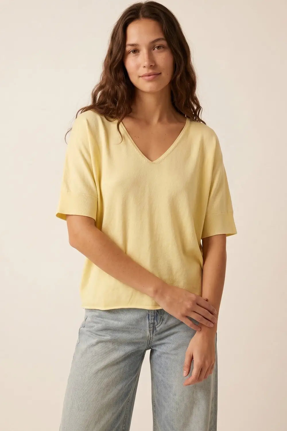 butter Yellow V-Neck Relaxed Fit Short Sleeve sweater - YELLOW / ONE - Sweaters