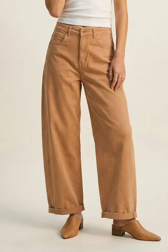 Orange Wide-Leg Barrel style Pants with Rolled Hems - Pants