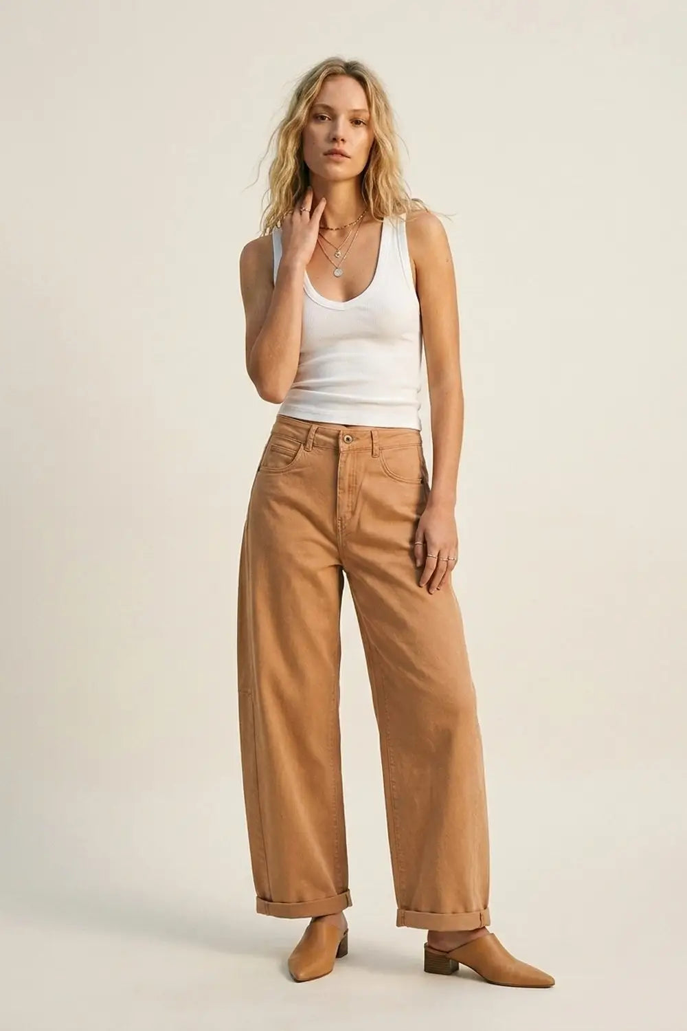 Orange Wide-Leg Barrel style Pants with Rolled Hems - Pants