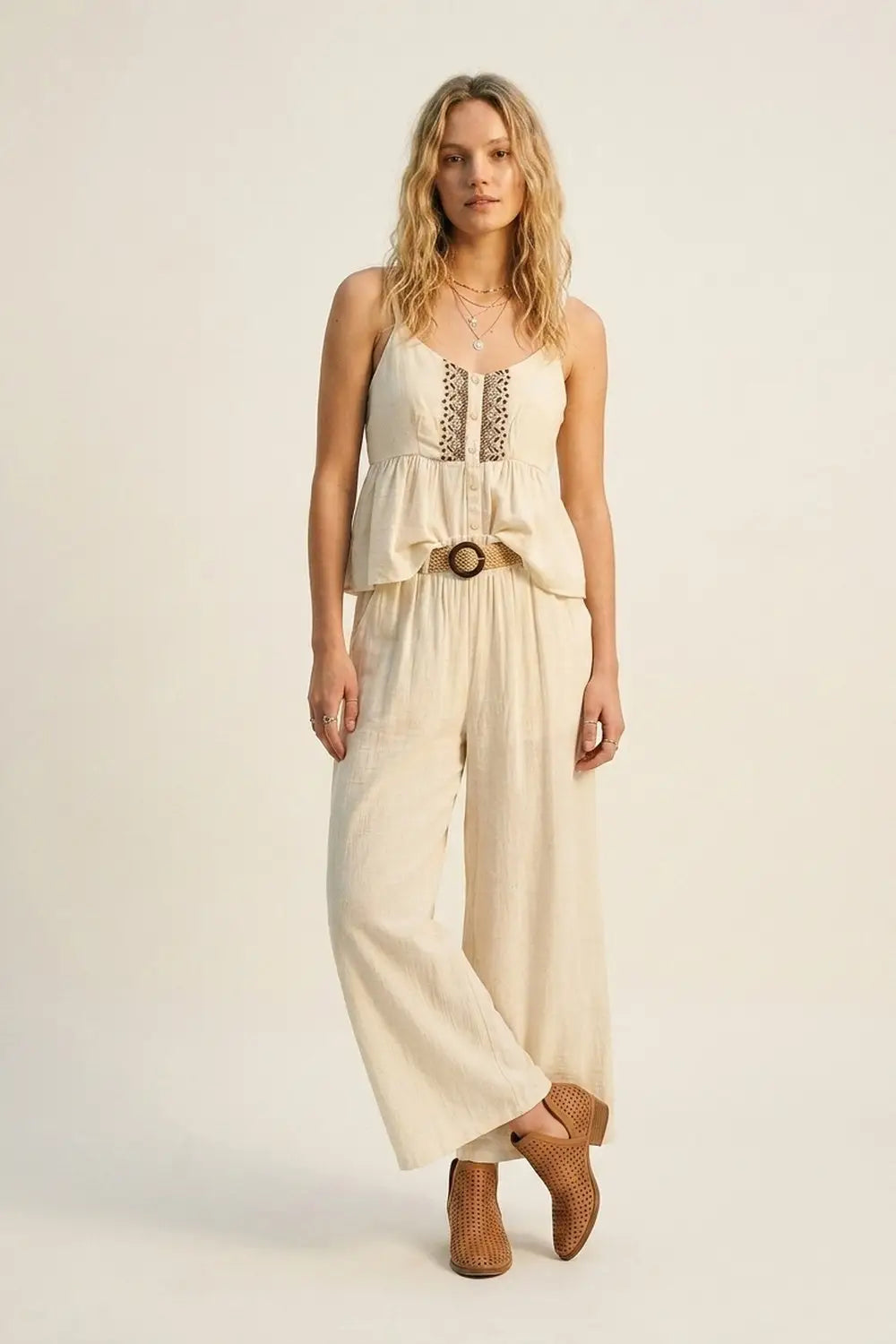 Cream lightweight Wide-Leg Pants with Woven Belt Detail - Pants