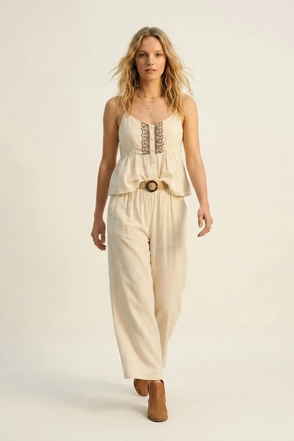 Cream lightweight Wide-Leg Pants with Woven Belt Detail - Pants