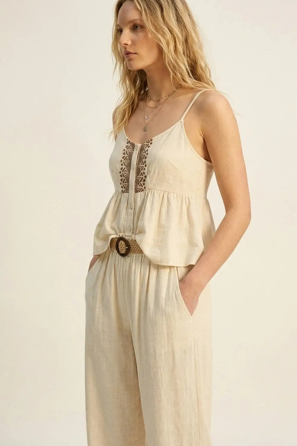 Cream lightweight Wide-Leg Pants with Woven Belt Detail - Pants