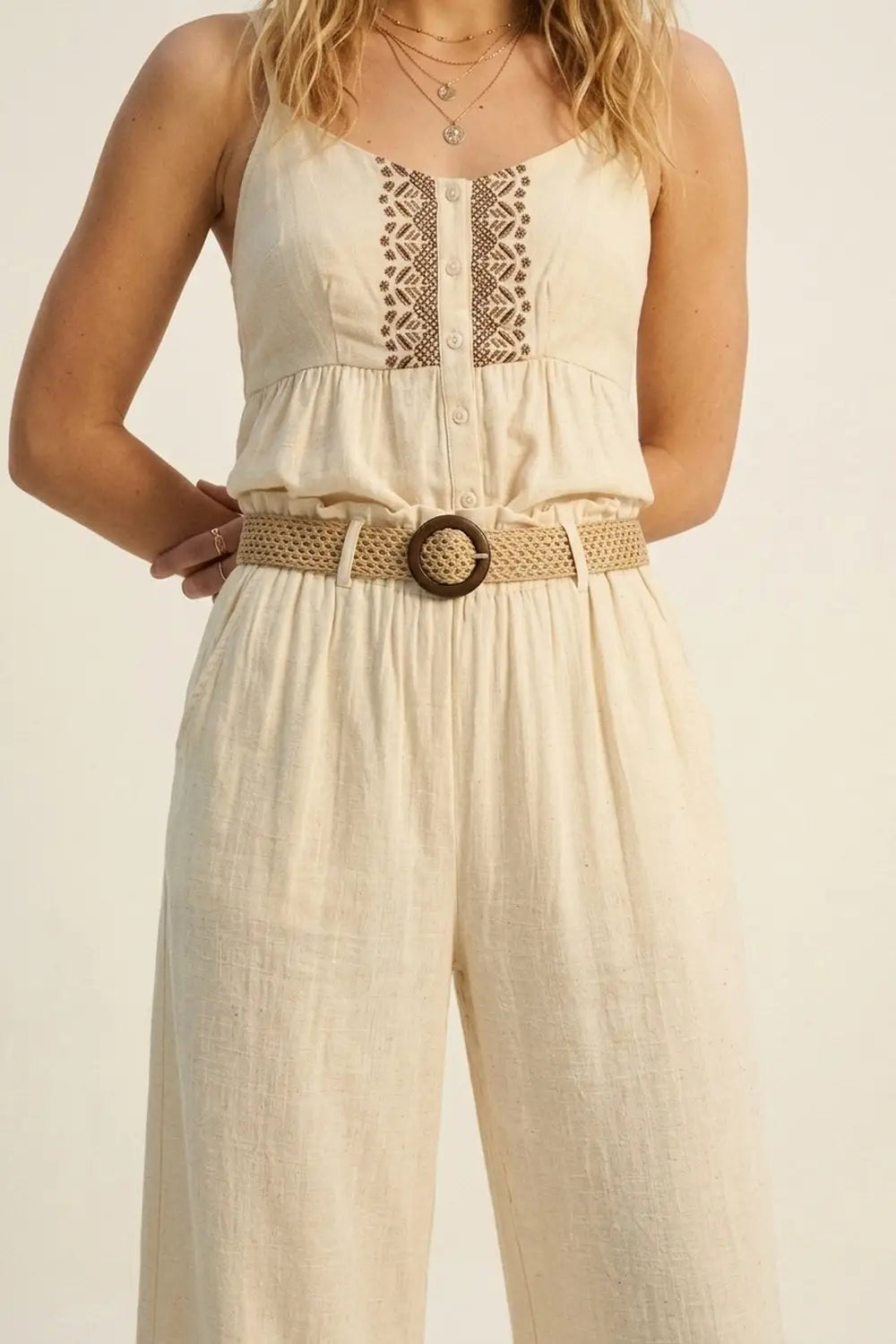 Cream lightweight Wide-Leg Pants with Woven Belt Detail - Pants