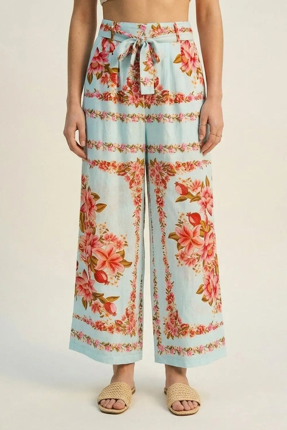 Light Blue Floral Print Cotton Tie Waist Wide Leg Pants - Pants
