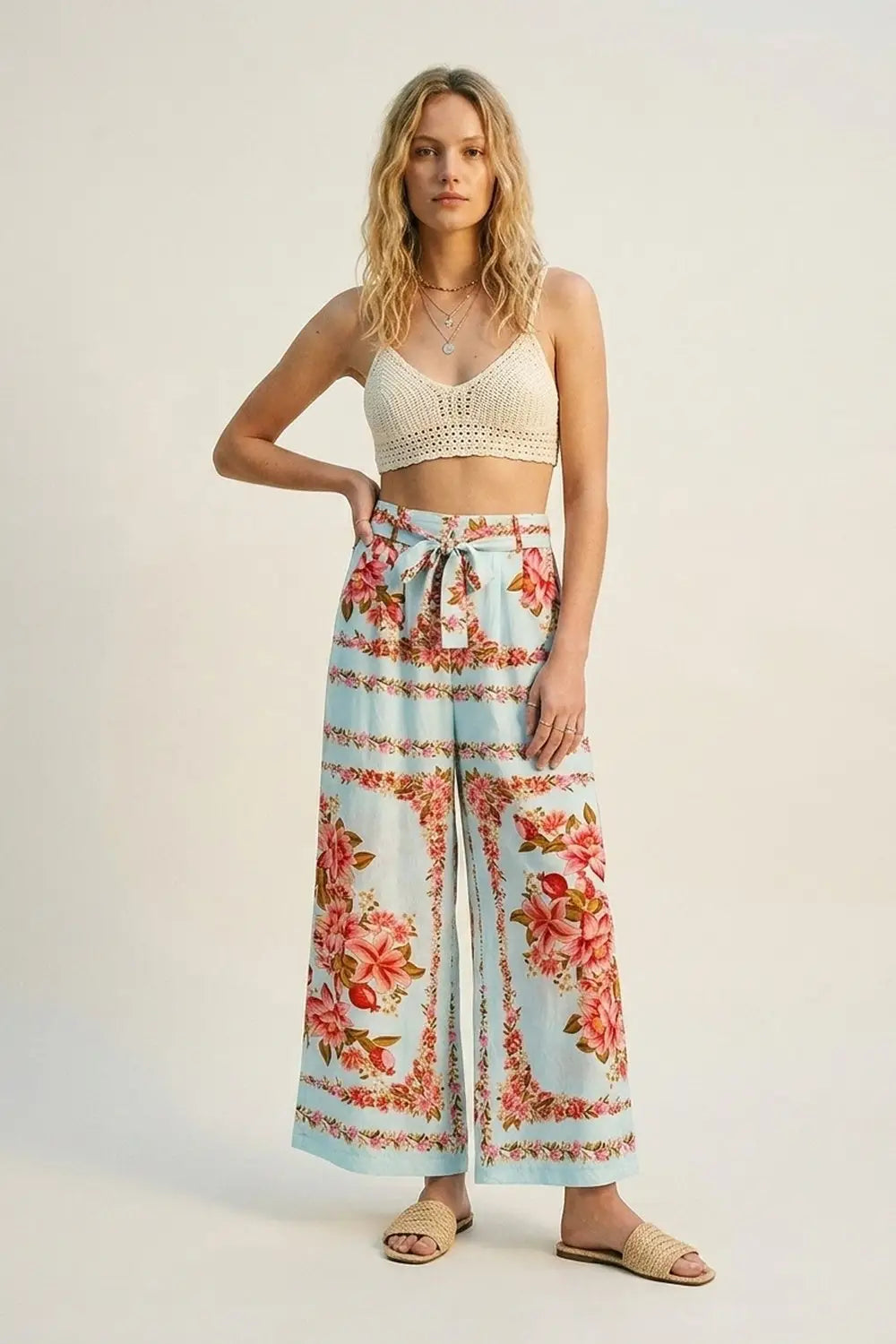 Light Blue Floral Print Cotton Tie Waist Wide Leg Pants - Pants