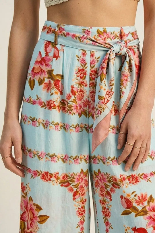 Light Blue Floral Print Cotton Tie Waist Wide Leg Pants - Pants