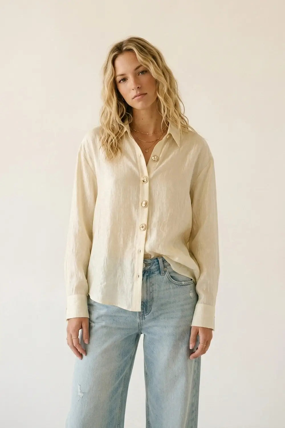 bright fabric beige blouse with retro buttons - Shirts