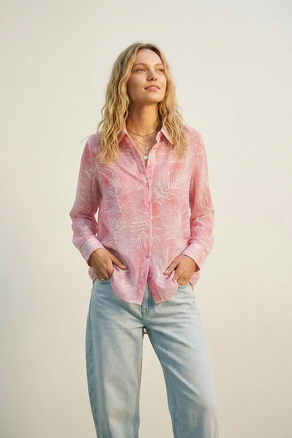 Pink Sheer Leaf Print Button-Up Shirt with translucent fabric - Shirts