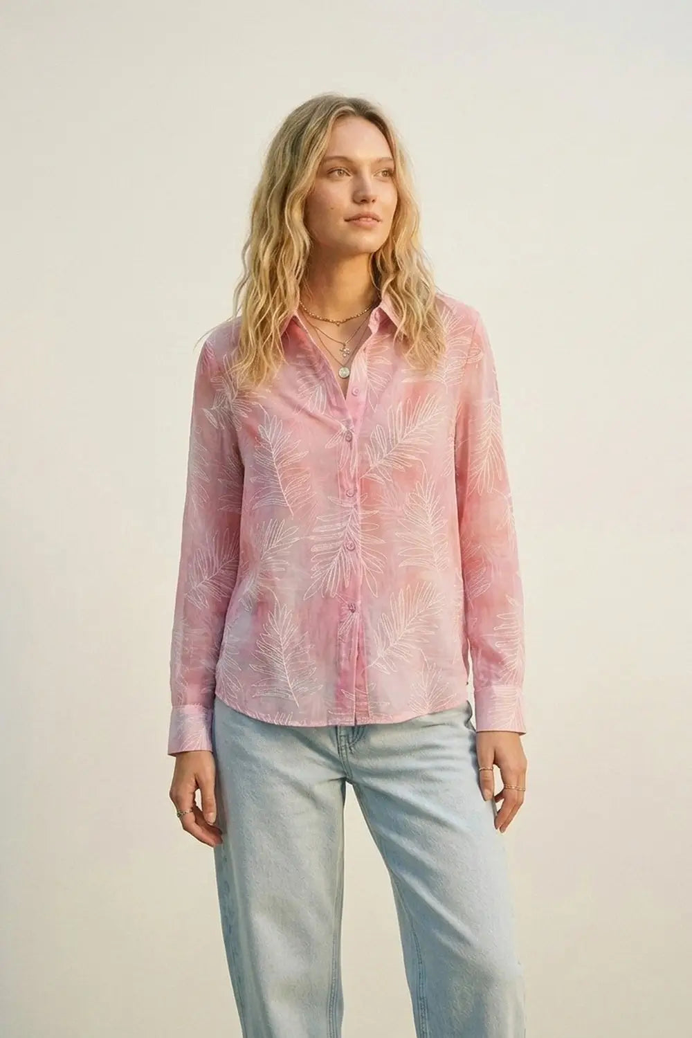 Pink Sheer Leaf Print Button-Up Shirt with translucent fabric - Shirts