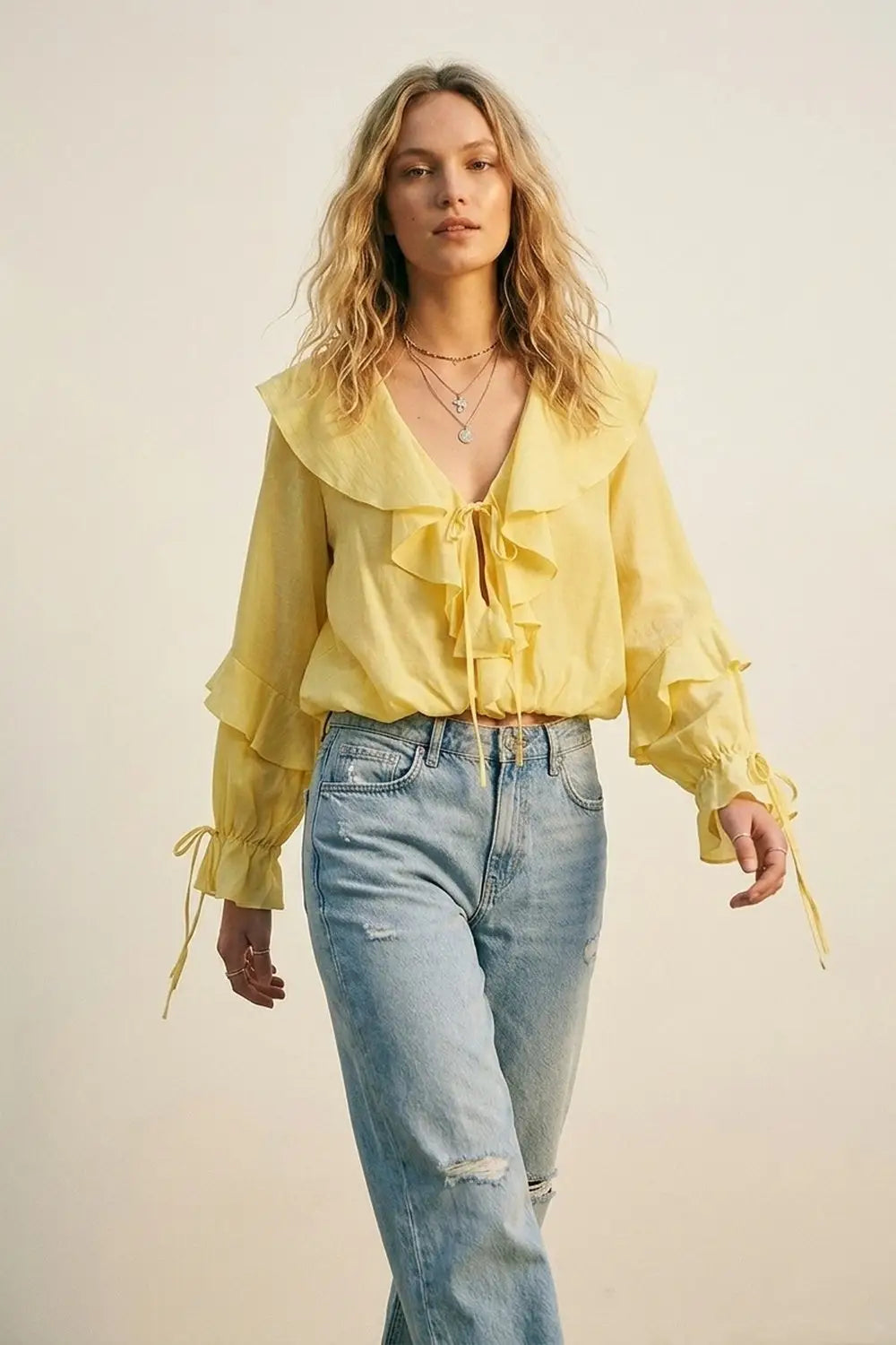 Yellow Ruffled Tie-Front Long Sleeve Blouse - Tops