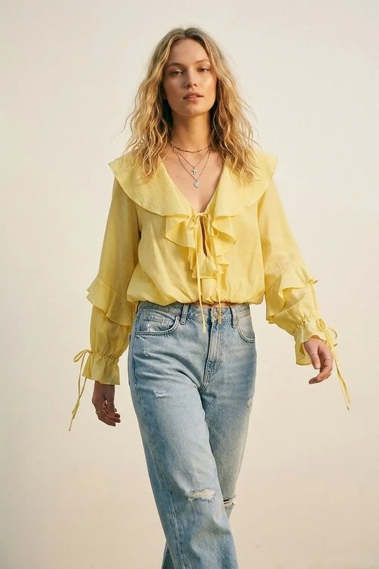 Yellow Ruffled Tie-Front Long Sleeve Blouse - Tops