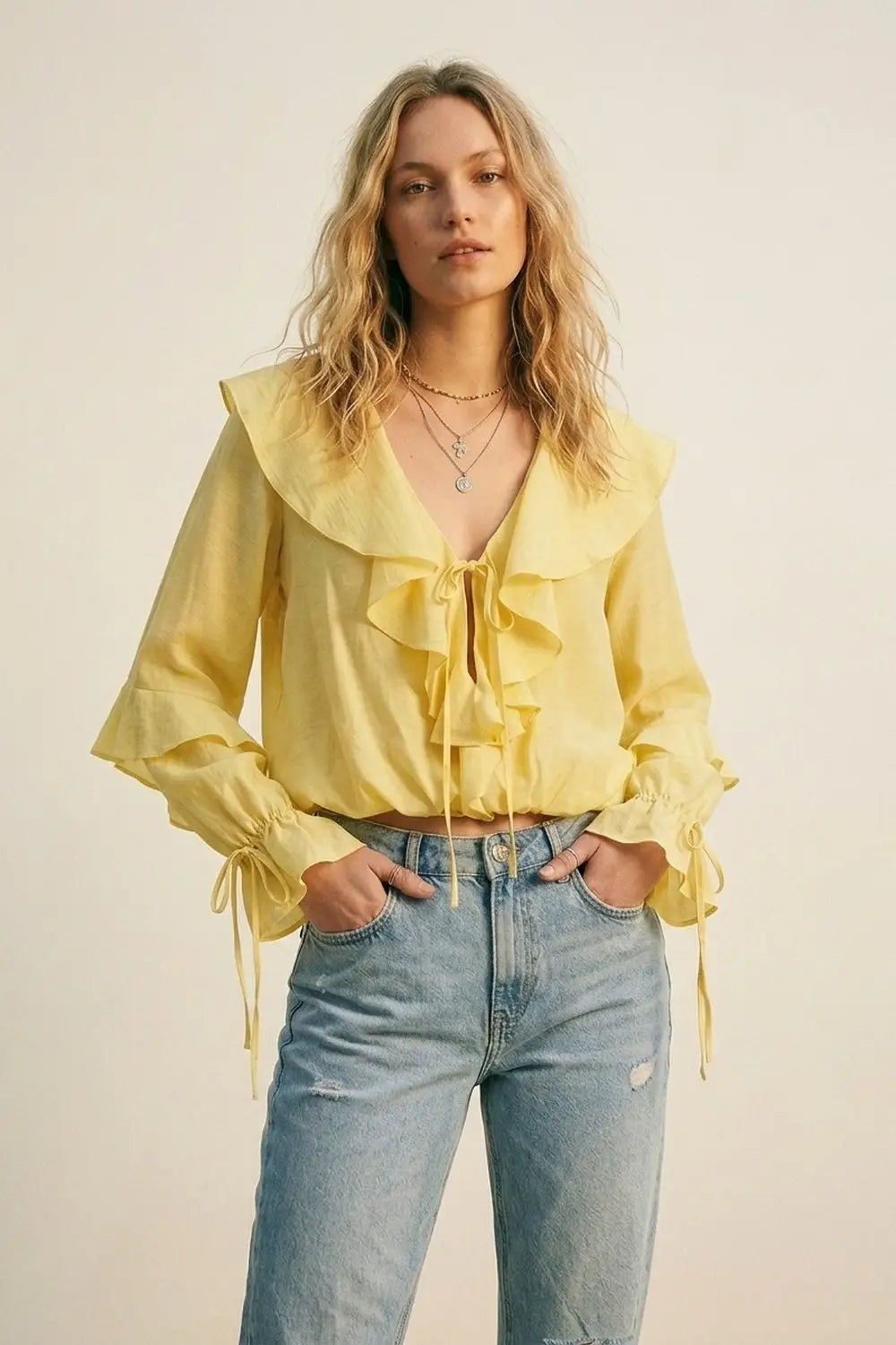 Yellow Ruffled Tie-Front Long Sleeve Blouse - Tops
