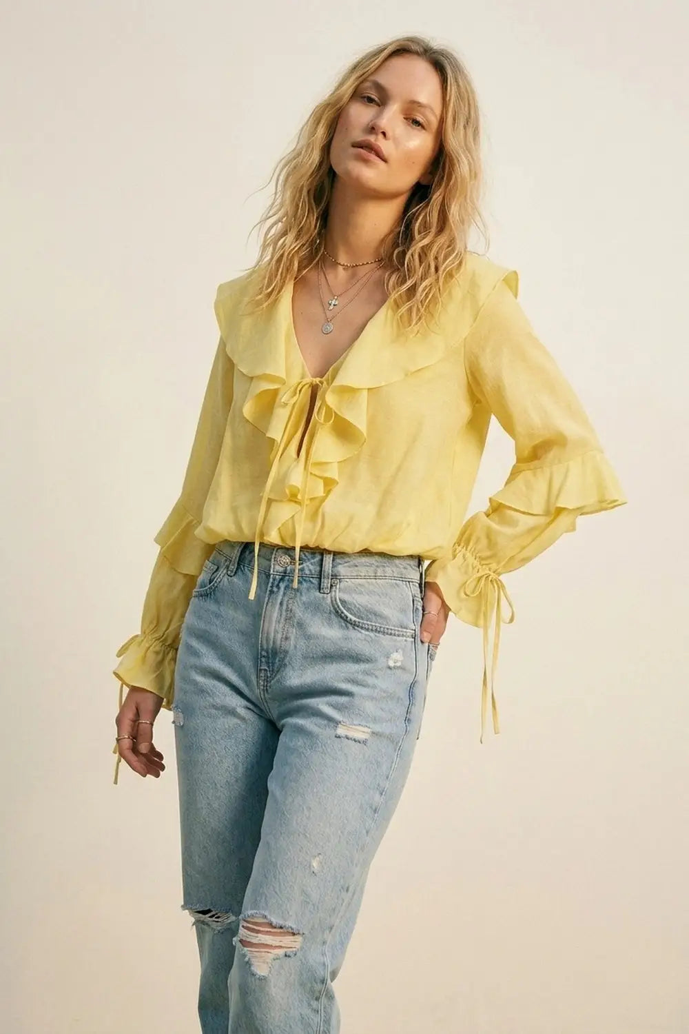 Yellow Ruffled Tie-Front Long Sleeve Blouse - Tops