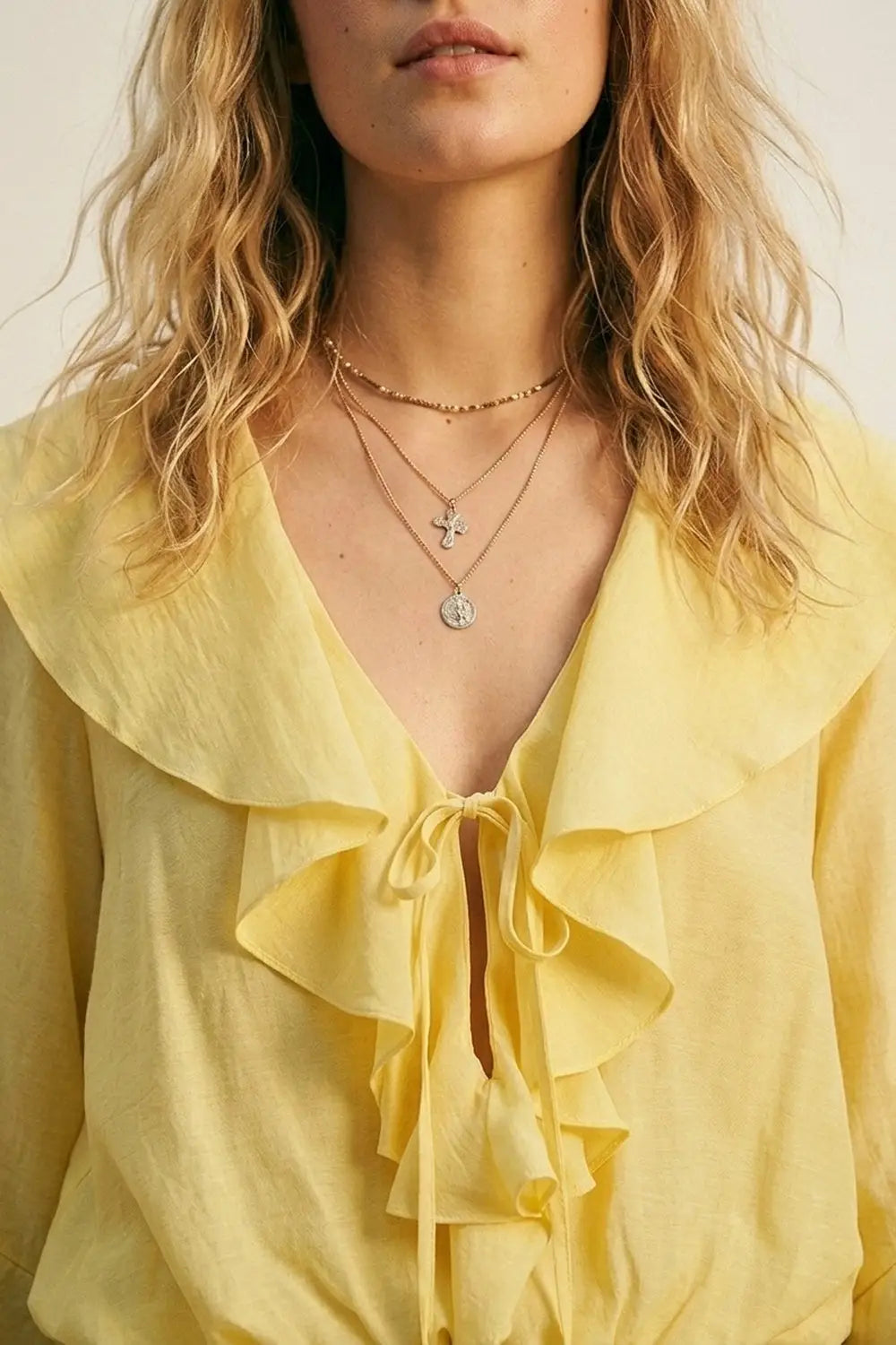 Yellow Ruffled Tie-Front Long Sleeve Blouse - Tops