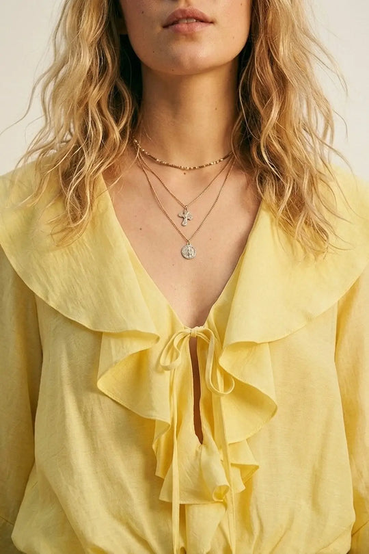 Yellow Ruffled Tie-Front Long Sleeve Blouse - Tops