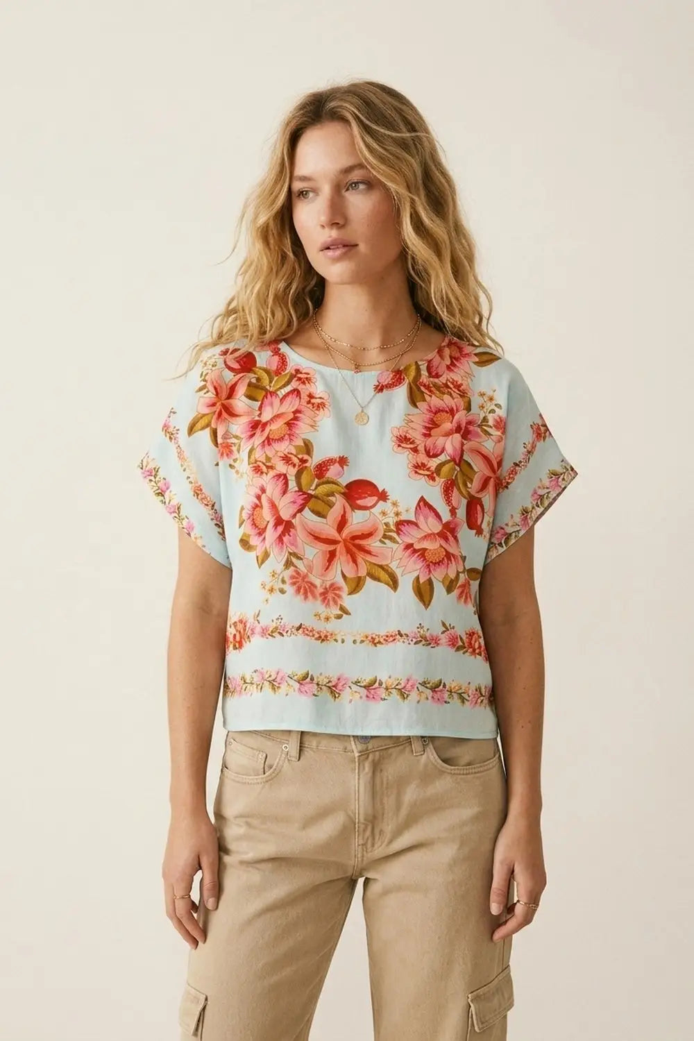 Light Blue Floral Print Lightweight Woven Boxy Crop Top - Tops