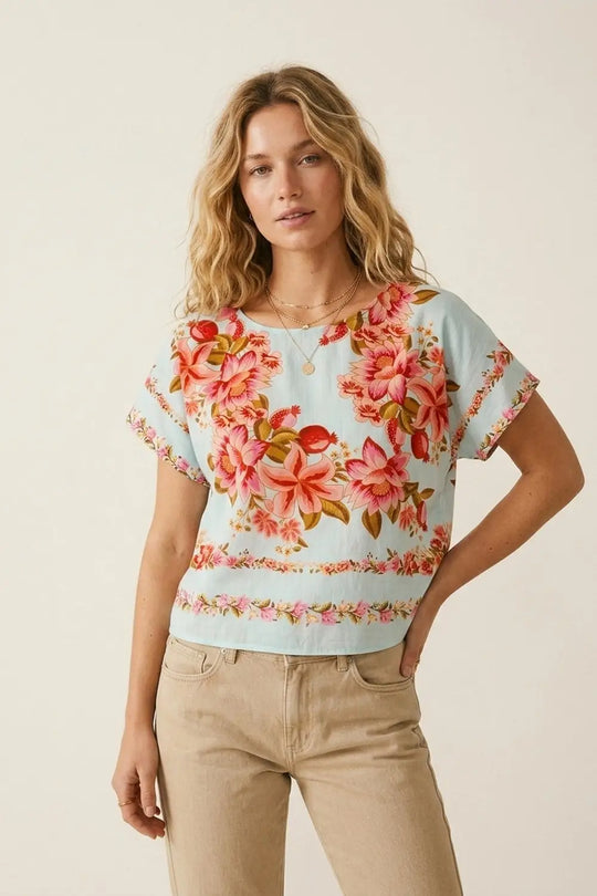 Light Blue Floral Print Lightweight Woven Boxy Crop Top - Tops